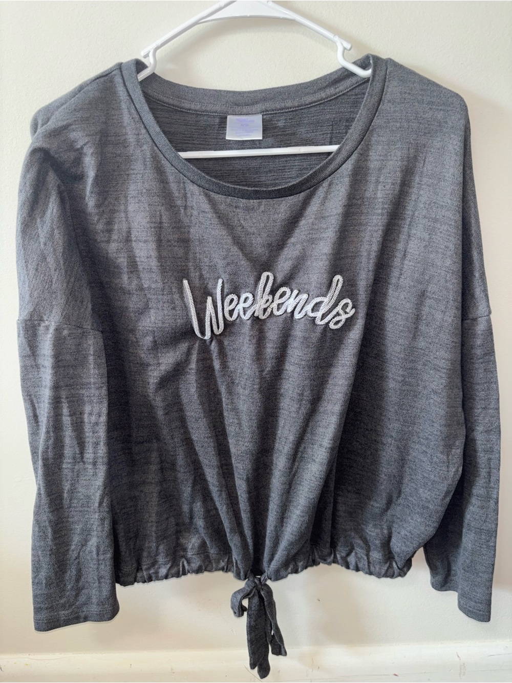 Secret Treasures Gray 'Weekends' Tie-Hem Long Sleeve Top